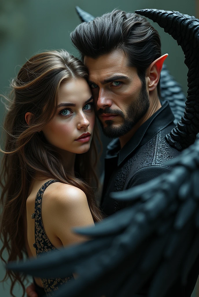 A beautiful young woman with long brown hair and green eyes hugs a demon in the form of a handsome man with short hair, blue eyes and who has black wings, clear facial features, detailed image, realistic facial features, real, realistic, realistic photography
