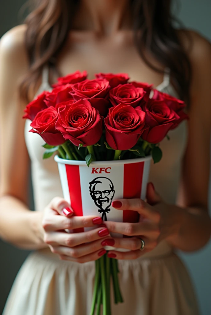 A woman holding a KFC combo in one hand and a bouquet of roses in the other, that only the arms are seen
