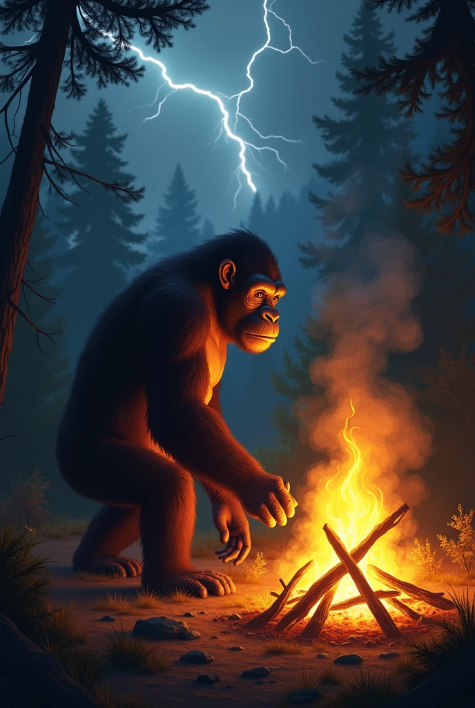 One night, during a storm, Lightning strikes near where they are camping, setting fire to a tree. The group gets scared, but the ape, brave, approaches the fire, feeling the warmth and light.