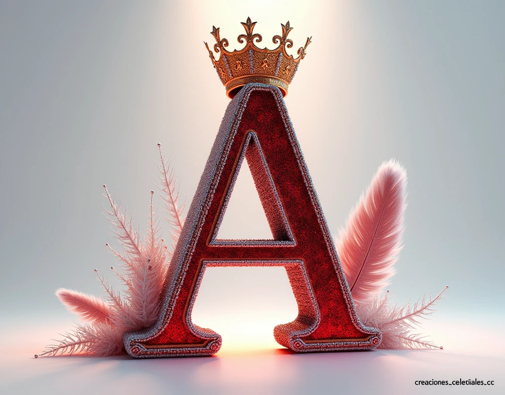 A mesmerizing and sophisticated 3D digital artwork featuring the name "A" in exquisite red,white,black lighting and diamond letters, adorned with a majestic royal red,golden,white lighting crown and a graceful feather. The bold, enchanting typography shimmers with a dusting of diamonds, illuminated by warm, silver,black,red lighting. The solid white background highlights the text and transforms the piece into a striking, cinematic poster. This eye-catching design masterfully combines elements of dark,red,with darkness fantasy, photography, architecture, typography, film, and 3D rendering, creating a truly enchanting visual experience that is perfect for architecture or cinema promotions and adds an unforgettable visual experience to any space. Signed by the artist "Creaciones_Celestiales CC" in the center of the image., photo, architecture, cinematic, 3d render, poster, illustration, typography