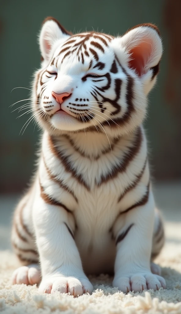 A cute white tiger cub,Real animals, With eyes closed, Cute and cuddly,Fluffy, Delicate and exquisite, Real little tiger,Sit upright on the carpet,Furry and cute big belly,The pattern on the belly is the same as the body,My belly is very big.,The pattern on the belly is the same as the body,Strike a sexy pose,