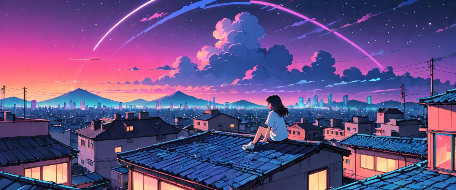 (Lofi), A girl sitting on the rooftop of an old house, Lo-fi image,retro, flat,2.5d, night light, rooftop view, neon scape, beautiful colorful night sky,stars ,analog color theme, fantasy ,line art, ink drawing, big ink line, watercolor, goauche color, studio Ghibli style, awesome colorful, outurn, synthwave, lofi art,90s style,old texture, amplitude,90s atmosphere, masterpiece, massive skills