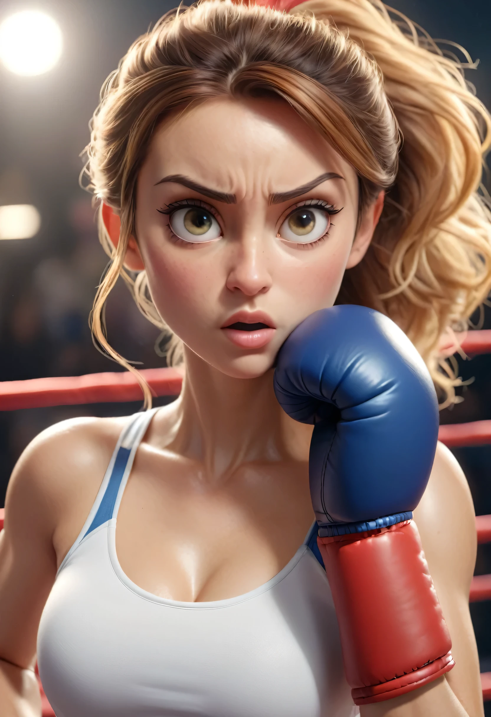 the fit and mature girl practicing boxing. Close up. High quality Pixar hyper realistic image. 4k