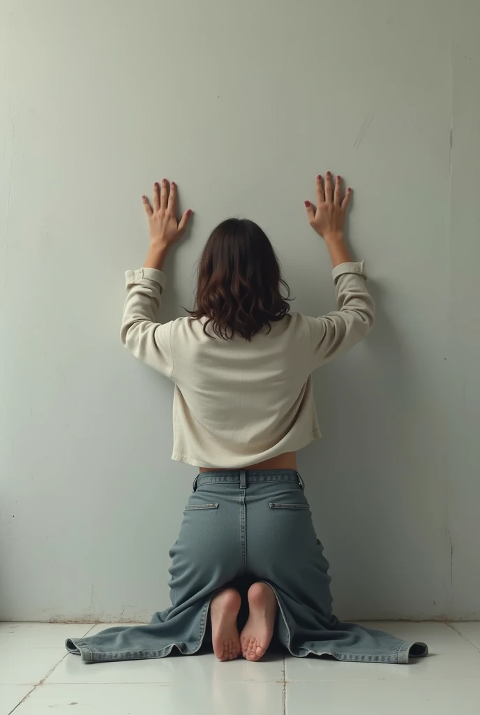 woman from behind, kneeling, with his hands up leaning on a wall