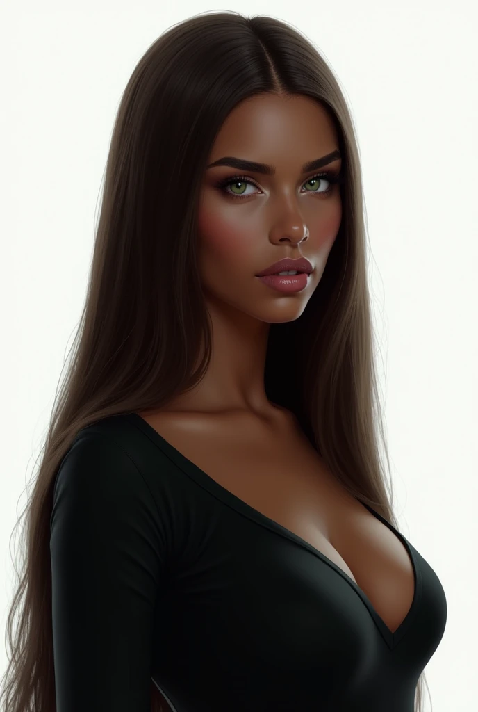 (UHD, retina, masterpiece, accurate, anatomically correct, textured skin, super detail, high details, high quality, best quality, high res, 1080P, HD, 4K, 8k, 16k), (beautiful detailed dark green eyes, beautiful detailed lips, extremely detailed eyes and face), studio lighting, physically-based rendering, vivid colors, (large sexy breasts), topless, (portrait, side cut, shiny long hair, swept to one side, shiny skin, blush), (bokeh), eye reflection,, dark atmosphere, highly detailed skin texture, extreme details, perfect breast, dark tanned skin, flush,, ultra detailed skin texture, soft lights,dark tanned skin