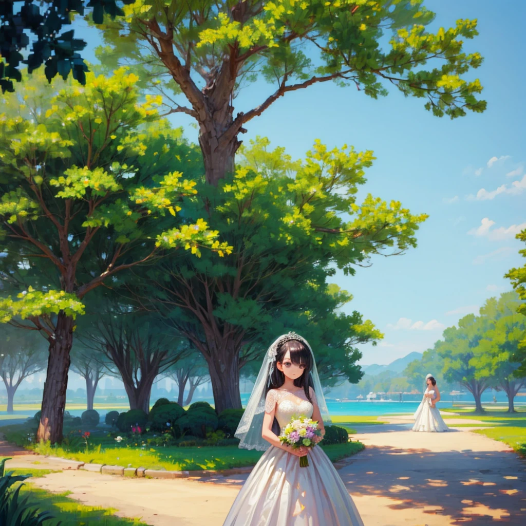 Girl standing under a tree on an island, (masterpiece, Highest quality, Highest quality), pixel,pixel art,Wedding dress,Black Hair,
