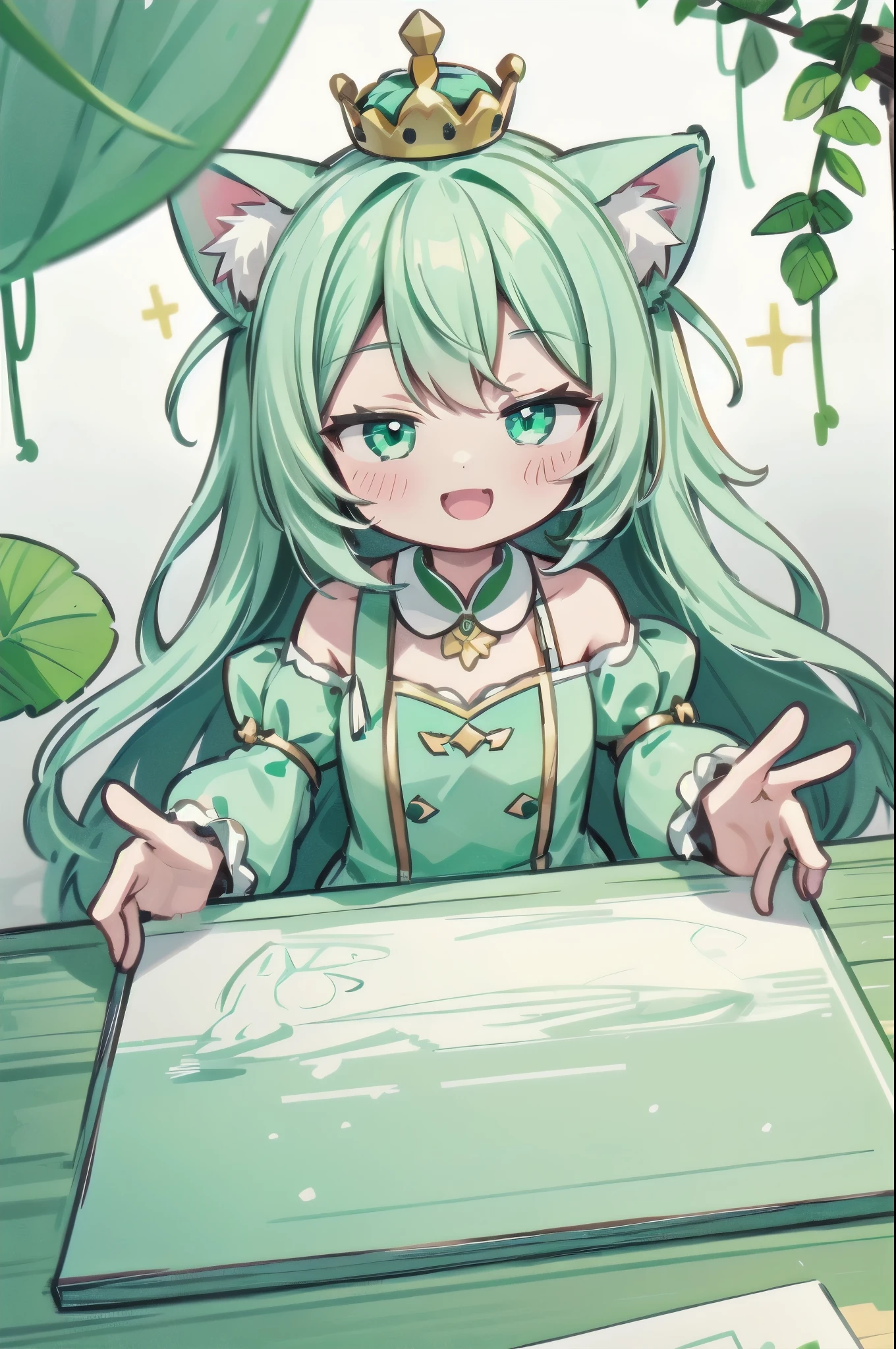 (Maximum image quality and detail, Accurate drawing, Tabletop), Mint green, small, Little, Cat ear, With a bright and happy look, Let me wear the big crown