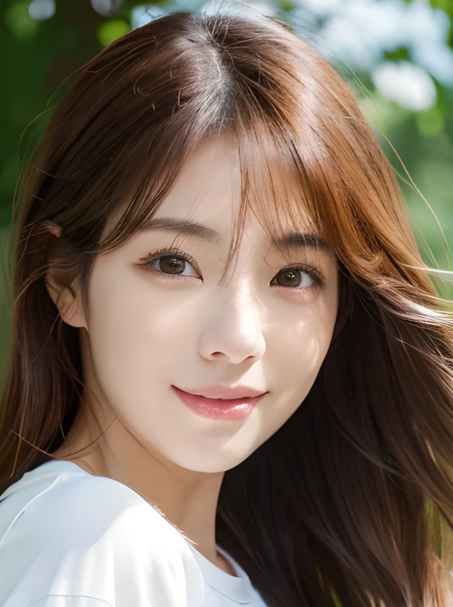 Realistic photos　Natural light　Turning from the side to the front　（Japanese woman in her late 20s、Long eyelashes、Round eyes）outside　Brown Hair　Long Hair　White T-shirt　smile