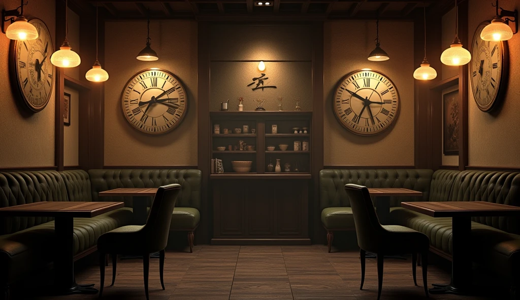an underground Japanese coffee shop built in 1800, windowless, with six domed lights hanging from the ceiling, coffee shop tinged with a sepia tone inside, almost no light, very dark, on the wall of the cafeteria there were three large, old wall clocks, each with a different schedule, the coffee shop has three seats at the counter, that behind it had a space for entry and shelves, and three tables for two people with chairs with cabriolet legs and moss green upholstery