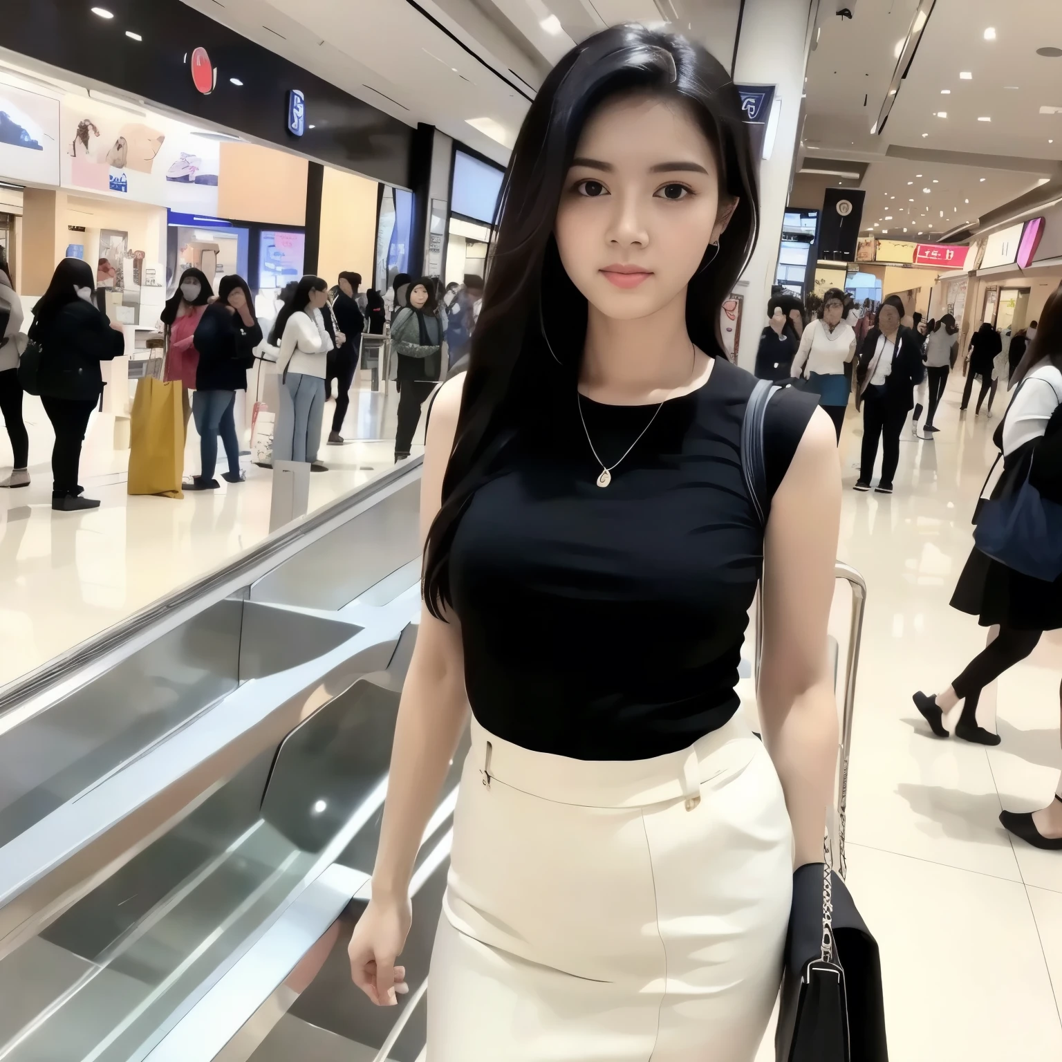 (masterpiece, best quality:1.2, 8k RAW photo), 1girl, solo, standing in a crowded escalator of a shopping mall, holding shopping bags