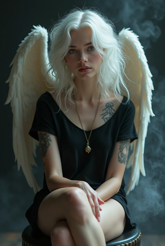 Girl like a fairy face smooth skin pink lips white curly hair perfect body setting on the chair and have necklace and have tattoos with black t-shirt and dark smoke background with big wings of an angel