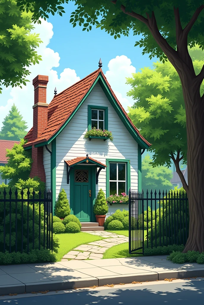 Create an image where, from the perspective of a street adjacent to the sidewalk, behind a metal fence you can see a house with narrow, Deeper, white facade with several green painted wooden windows. In front of it is a front garden with a fruit tree in the right corner. the