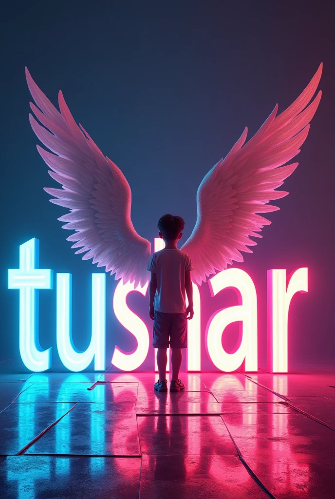 
Tushar Text with neon lights and young boy 
with nice looking standing down of Tushar letter with big wings 