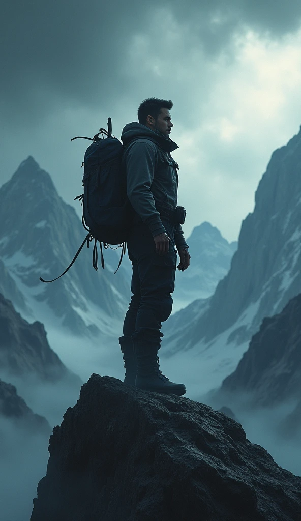 A person standing on a mountain peak, looking fearless and determined despite dark storm clouds gathering around them. The expression on their face should show confidence and resolve.