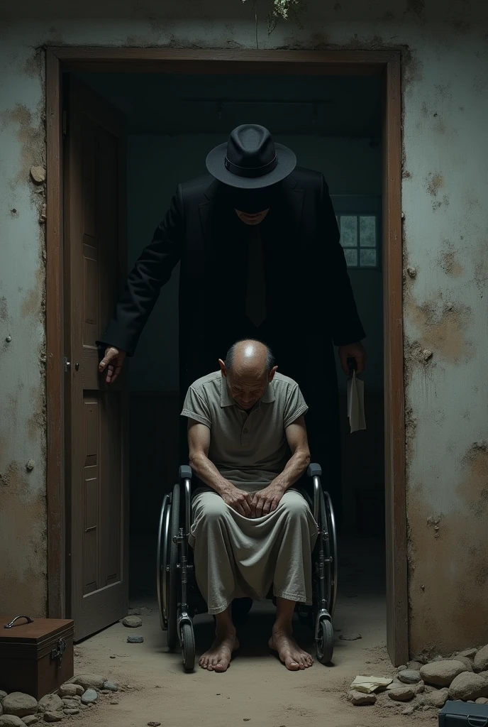 Create an image of a scene, where a criminal, An unknown man deceives and extorts a disabled person inside a humble home, a poor little house
