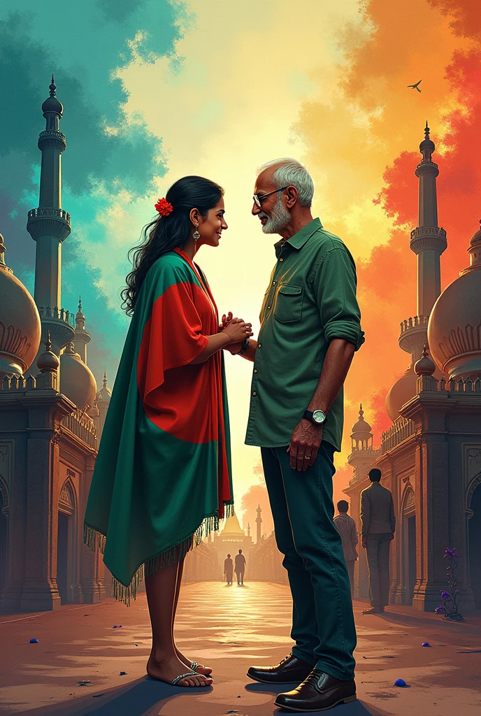 Make a photo about Bangladesh and india relationship of friend but also show background that india has selfish interest and their secret reason of friendliness using colourful animation