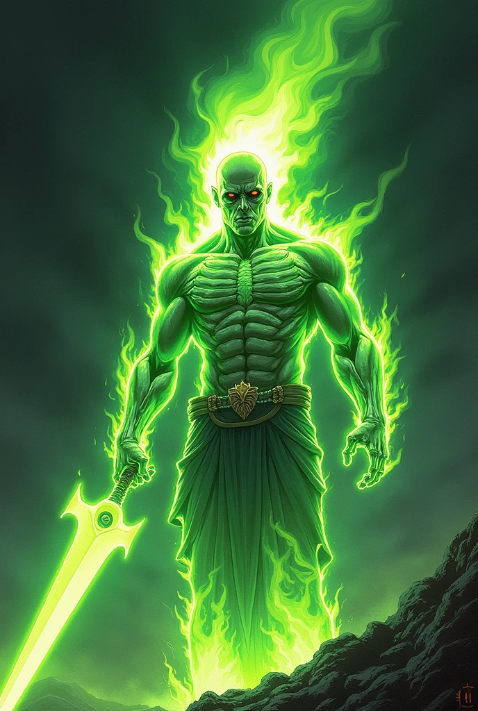 a closeup of a man with green fire on his head and torso, glowing human, As illustrated in Top Cow Comics, Shining in power, Holding green fire, Bright Green Soul Blade,skeleton,skeleton humano,bones,melt,nuclear,(1man)