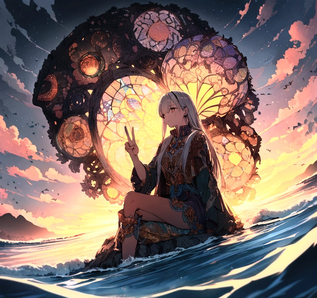 Create a anime.of v for vandatta sitting relaxed near sea shore at naight