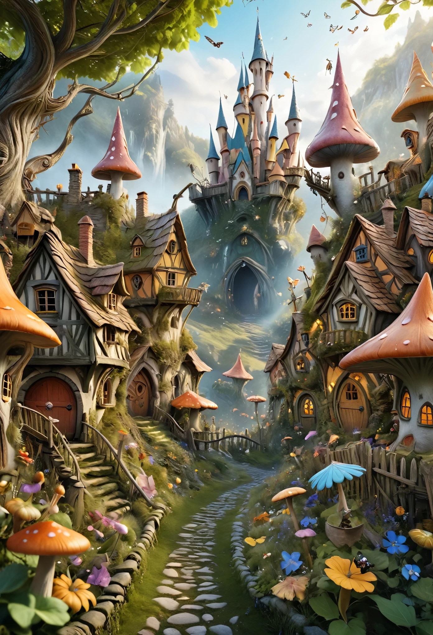 (Realistic:1.2), (whimsical:1.2), (((extremely detailed))), ((no close-up)), ((masterpiece)), (((middle shot, center, colorfull))), a Pixie, mythological, looks epic, fairytale atmosphere, intricate and detailed unreal fairy village on background, in motion, dynamic composition, depth of field, analog photo style, kodak porta 400