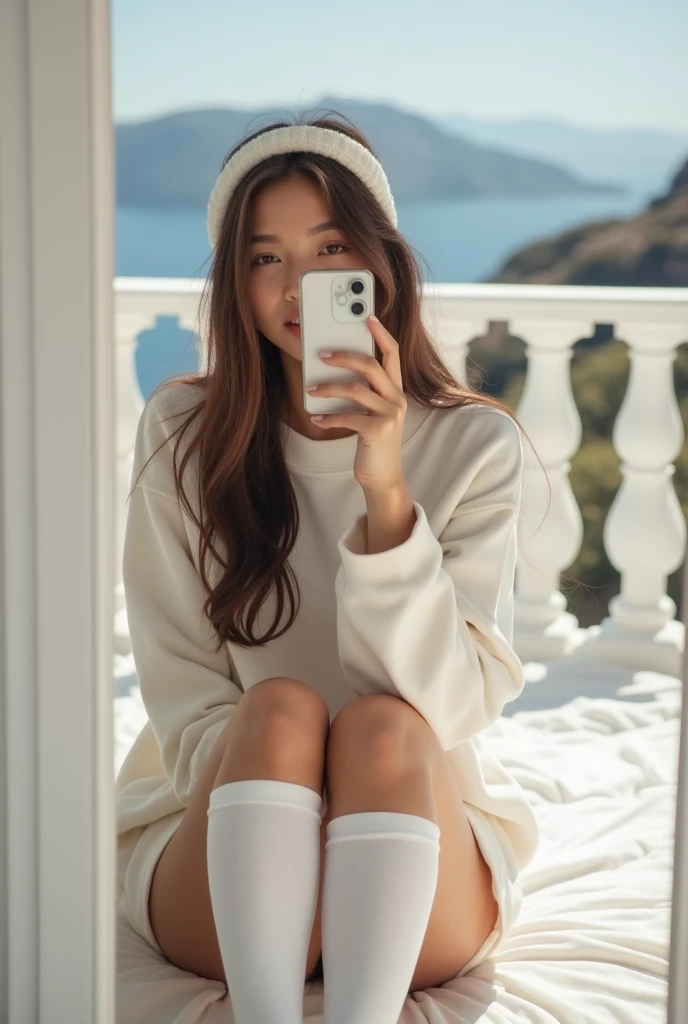 create images, the focus and silhouette of a young woman, Caucasian skin, very long brown silky hair with bangs. wearing a loose white sweatshirt, white hairband, long white over the knee socks, barefoot. she is taking a selfie with a white cell phone in front of a mirror in a Greek mansion bedroom with a balcony just behind showing the sunny Greek city. Image as if it were the selfie
