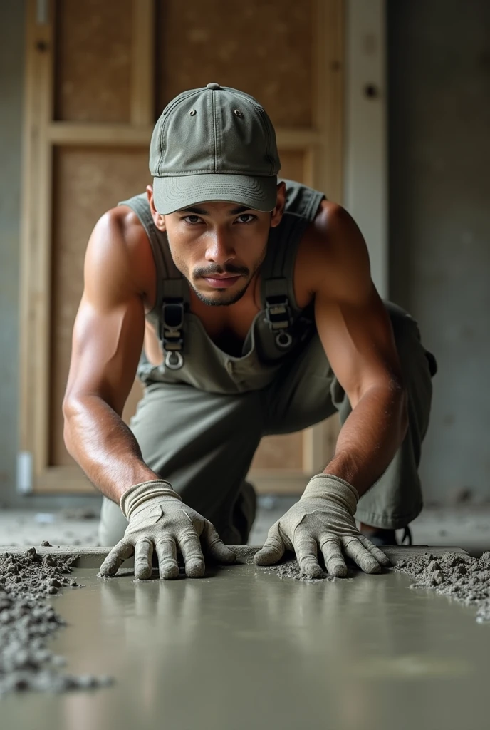  Young slim Latino man with cap and uniform making a concrete floor 