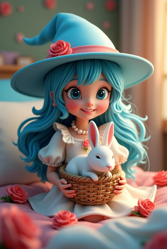 Girl 12ageblue hat blue girl and blue hair
With a very smiling and happy lip
With an old basket with a white rabbit in it
With a white princess dress and
A pearl necklace with a red rose
inside the bed
Style 3D