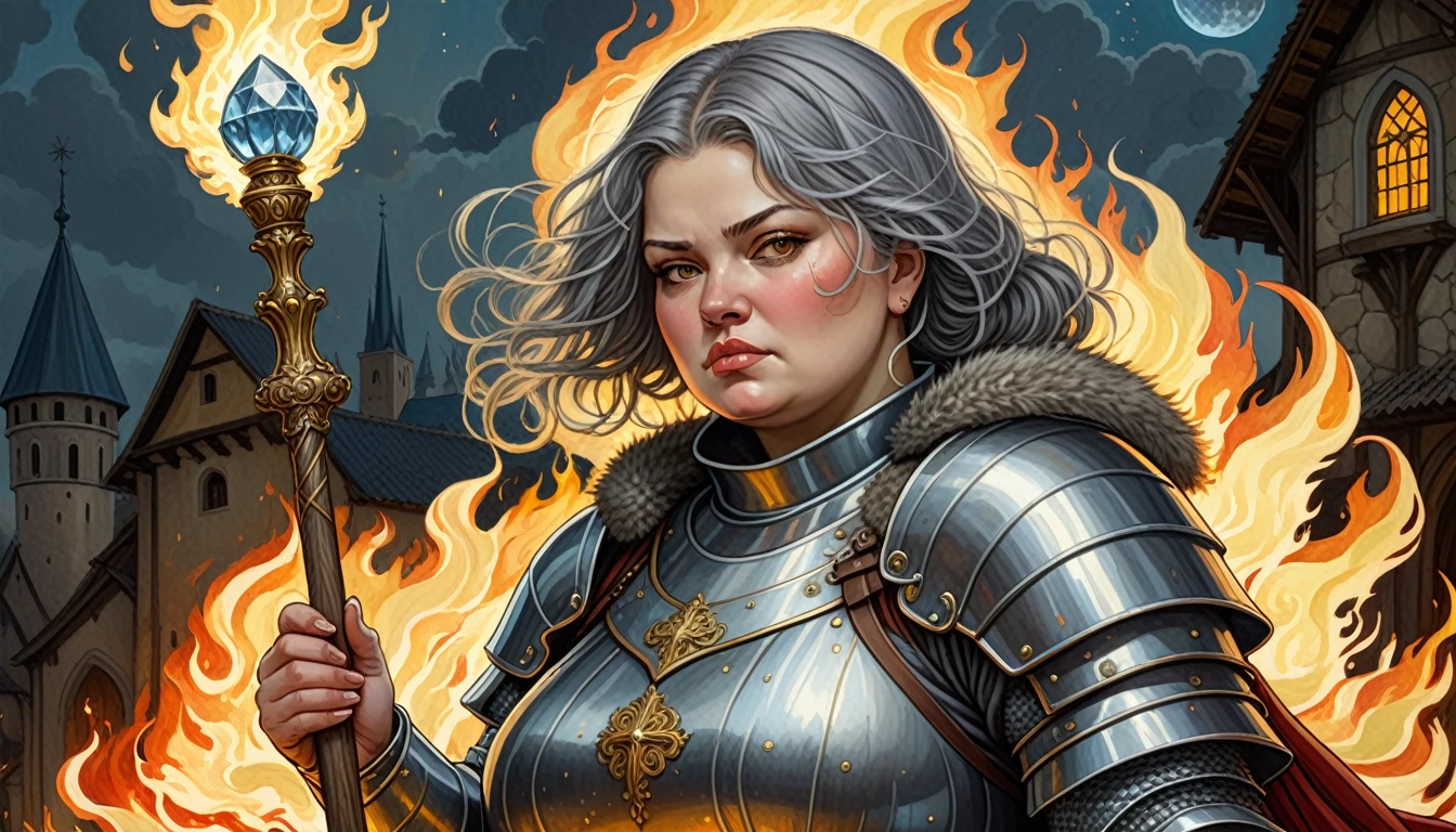 Highly detailed, UHD, 32k, medieval fantasy, Art Style of Rebecca Guay, digital painting, a 4 matron human female chubby villager, with some grey hair, clad in silver armor and helmet, holding a magical staff. At the top of the staff there is a magical crystal that emits flames. She is at a medieval city. Her face expression is one of evil and stupidity.