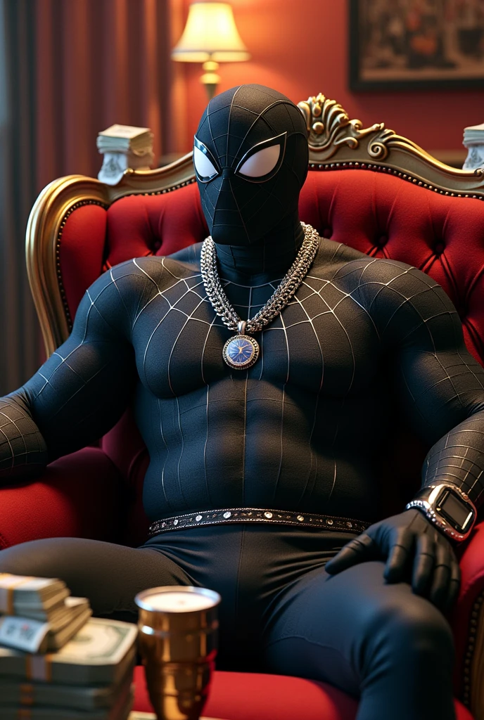 Fat belly spider-man black suit and mask with a silver necklace on his neck and a lot of money next to him and a rolex watch in his hand and a ring in his hand and Nike box and Nike shoes and double cup on the table in his hand with rap style in the studio