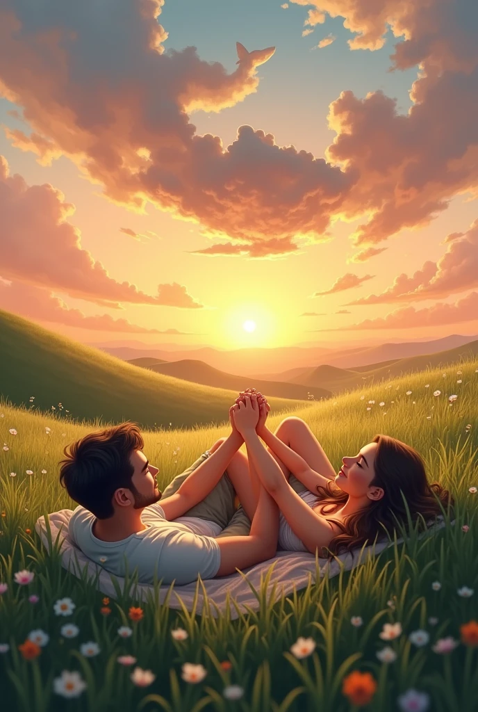 Create an image A couple is lying in a meadow, enjoying the sunset and the clouds that form a fish pattern in the sky, while holding hands and smiling.