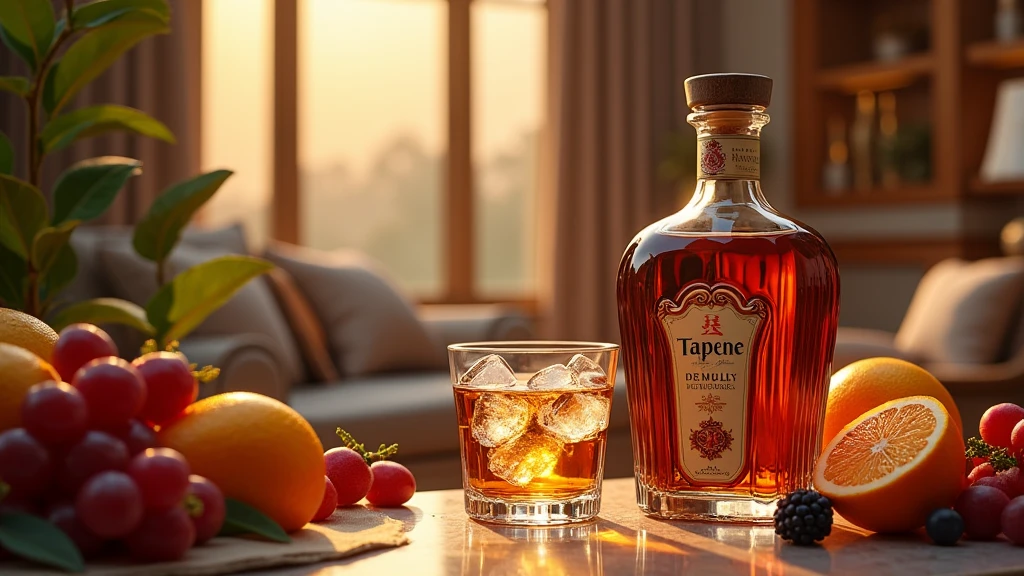 Create realistic tapeche in a beautiful bottle, with a glass next to it with ice and hotel, on a table with fruits photography, 8k -v
