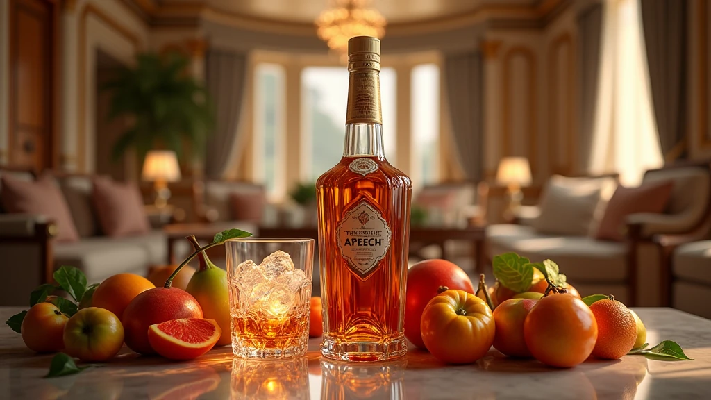 Create realistic tapeche in a beautiful bottle, with a glass next to it with ice and hotel, on a table with fruits photography, 8k -v