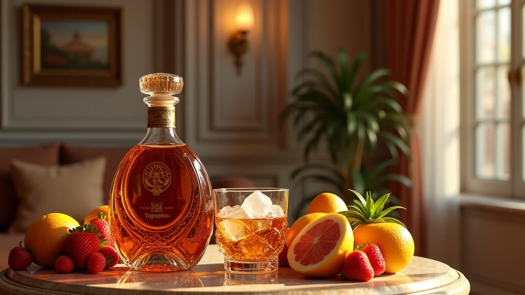 Create realistic tapeche in a beautiful bottle, with a glass next to it with ice and hotel, on a table with fruits photography, 8k -v