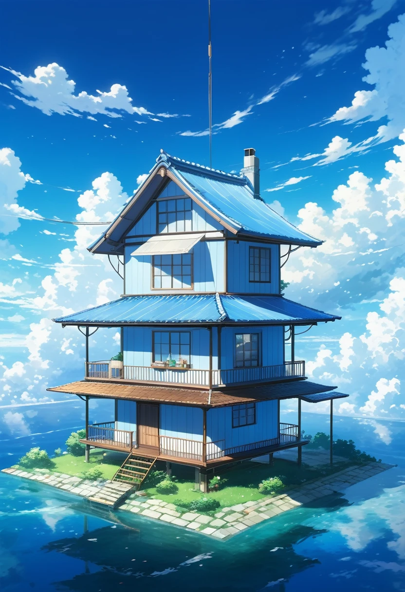 A small cozy house floating in the sky among clouds, in an anime style, with a white and blue color theme, with books on shelves inside, in the style of Makoto Shinkai, and in the style of Studio GSENSOR.