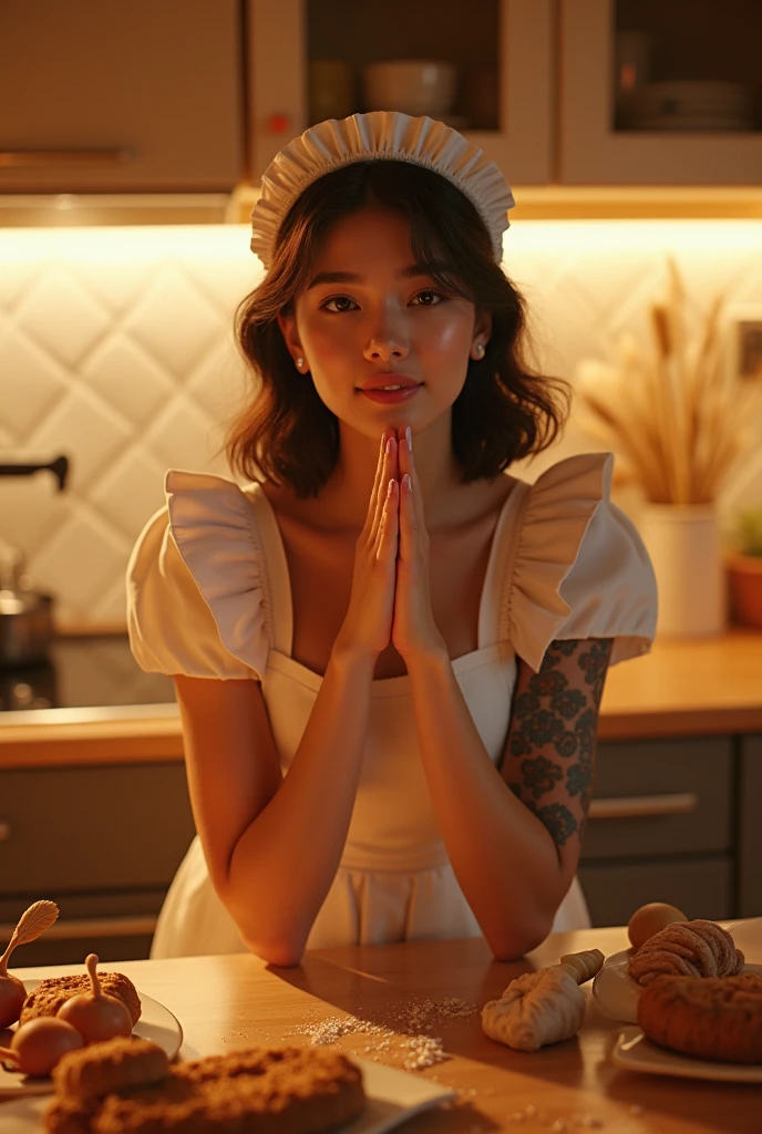 pretty heartwarming girl arabic korean influencer maid 18yo trendy maid uniform and long sock tattoo on a table in the kitchen giving love sign two hands joined complete fingers to the viewer Sony's A7R IV golden hours ray lights glowing particles rainbows