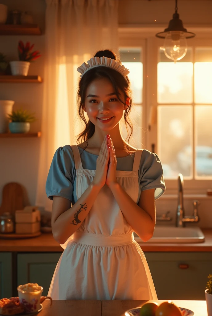 pretty heartwarming girl arabic korean influencer maid 18yo trendy maid uniform and long sock tattoo on a table in the kitchen giving love sign two hands joined complete fingers to the viewer Sony's A7R IV golden hours ray lights glowing particles rainbows