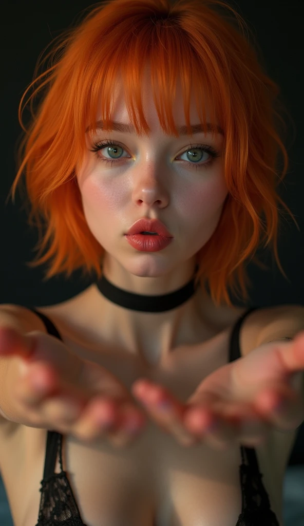 1girl, Dutch angle shot of a beautiful young woman, big clear eyes, eye contact, blowing a kiss, (medium breasts:1.2), (topless:1.1), choker, front view, parted lips, pulpy lips, bright orange hair, short messy hair, bangs, highly detailed, soft tones, extreme detail, dark background, (detailed textures:1.1), (plain background:1.2), gradient background, dramatic light, happy smile, hands reaching towards camera, high DOF.