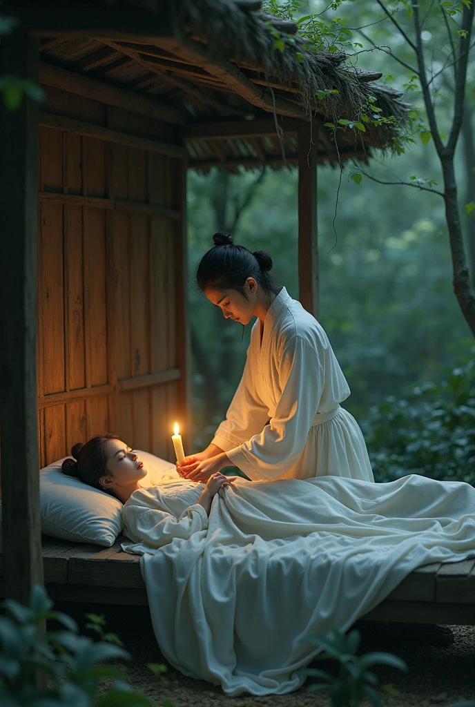 Create a realistic image Create a realistic image in ancient China during the Tang Dynasty, a young woman in a white dress with a tired face walks in and sits on an old, worn-out bed in a hut in the woods. A handsome young man brings a candle to light the bed and places it at the head of the bed.