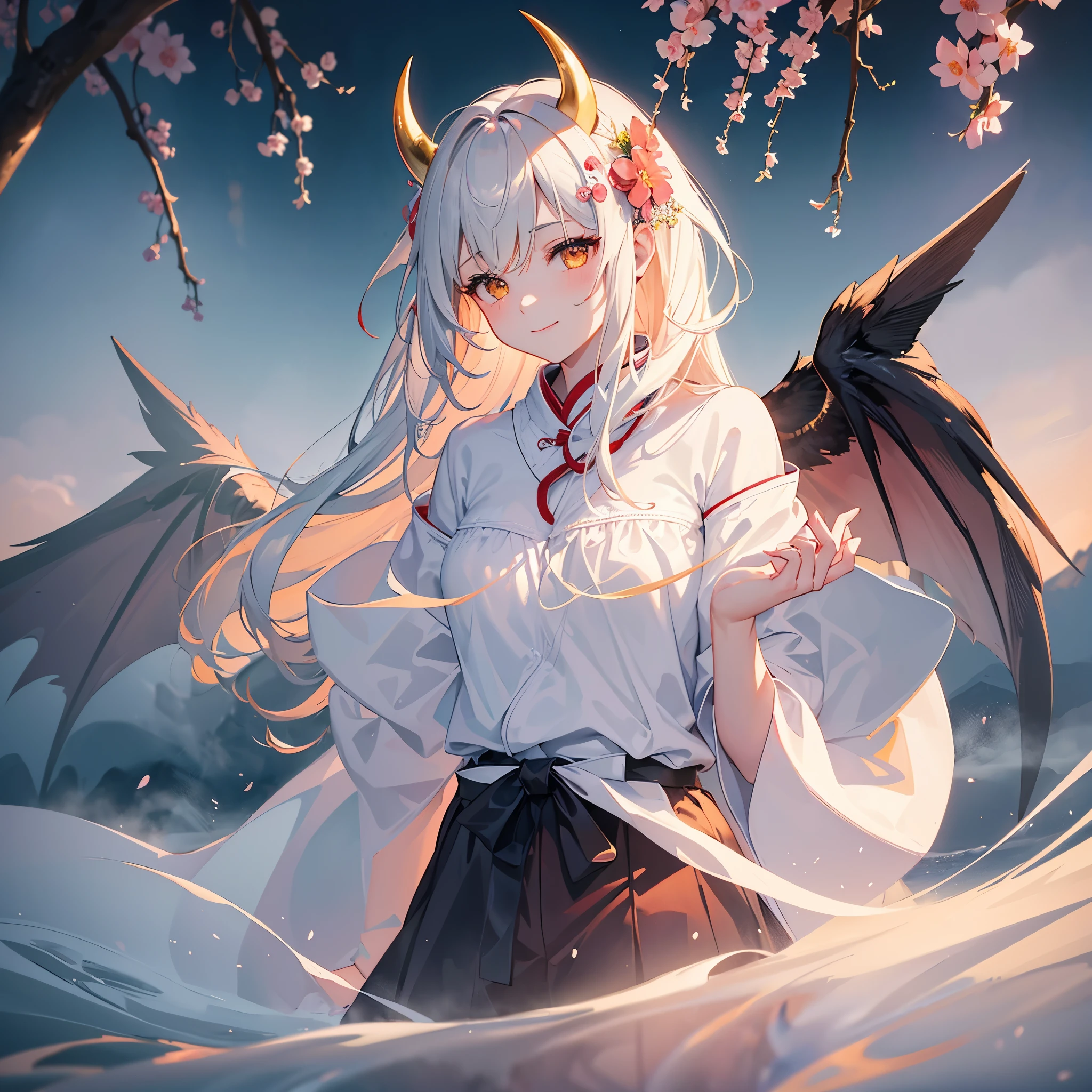 8k, wallpaper of extremely detailed CG unit, masterpiece, high resolution, top-quality, top-quality real texture skin, hyper-realistic, increase the resolution, RAW photos, best quality, highly detailed, the wallpaper, cinematic lighting, ray trace, golden ratio, BREAK, one demon girl, mild smile, female, godly, (in the deep fog:1.3), beautiful horns), 2 beautiful black wings, BREAK, background\((at beautiful heaven\(The Peach Blossom Spring\):1.3), beautiful fog, beautiful Chinese flowers blooming, (many trees with peach),(beautiful fog:1.5)\),(beautiful fog:1.5),(beautiful fog:1.5),(beautiful fog:1.5),(beautiful fog:1.5),(beautiful fog:1.5), beautiful lighting, beautiful landscape, Japanese clothing with gold ornaments, yellow eyes