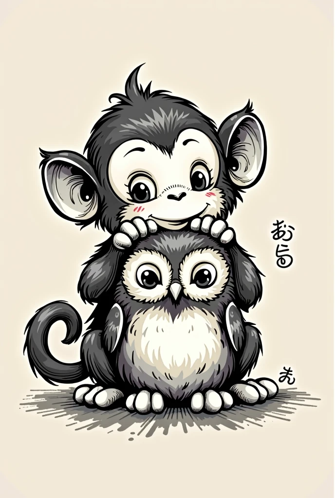 (black and white) logo, (hand-drawn) Japanese vintage comic art style, cute cheeky monkey, posing playfully with hands on a best friend owl's head, whimsical design, friendly atmosphere, intricate details, outlines, dynamic expressions, playful interaction, unique branding concept, delightful character illustration, perfect for an inviting and cheerful motif, appealing and memorable artistry.