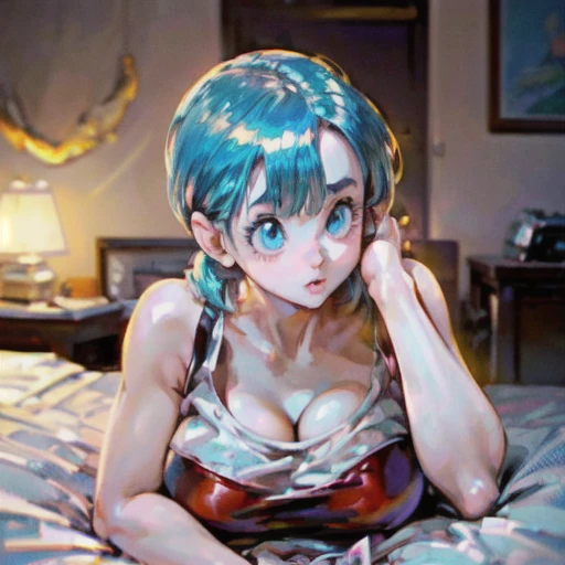 (masterpiece, high resolution, photorealistic:1.3), Bulma from Dragon Ball, embracing her inner confidence, finds herself alone within the comfort of her bedroom, donning nothing but a daringly seductive ensemble of a lacy, form-fitting bra and matching panties, (capturing an intimate moment:1.2), the air thick with a tantalizing aura, (an enticing atmosphere:1.2), enveloping her private sanctuary, (exuding allure:1.1), her curvaceous silhouette accentuated by the revealing lingerie, (highlighting her prominent assets:1.2), showcasing her ample bosom and enticing derrière, (her room bathed in alluring lighting:1.2), casting a soft, sensuous glow upon her flawless form, (a scene of captivating intimacy:1.2), as she exudes an enchanting blend of confidence and allure, (embodying Bulma's captivating persona:1.1), this photograph immortalizes a moment of sensual radiance, capturing the essence of her magnetic charm and leaving a lasting impression of tantalizing allure. With the use of depth of field (DOF), super-resolution, and high megapixel rendering, every element comes to life with cinematic lightning and anti-aliasing techniques like FKAA, TXAA, and RTX. The addition of SSAO (Screen Space Ambient Occlusion) and various post-processing effects in both post-production and tone mapping elevate the visual quality to a whole new level. With the use of depth of field (DOF), super-resolution, and high megapixel rendering, every element comes to life with cinematic lightning and anti-aliasing techniques like FKAA, TXAA, and RTX. The addition of SSAO (Screen Space Ambient Occlusion) and various post-processing effects in both post-production and tone mapping elevate the visual quality to a whole new level.