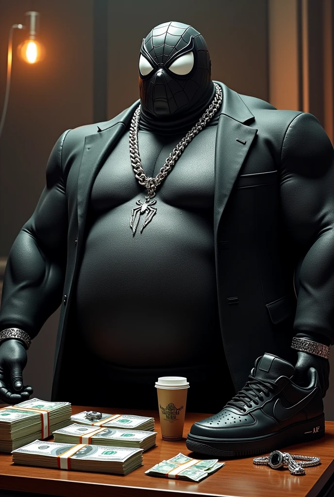 Fat belly spider-man black suit and mask with a silver necklace on his neck and a lot of money next to him and a rolex watch in his hand and a ring in his hand and Nike box and Nike shoes and double cup on the table with rap style in the studio