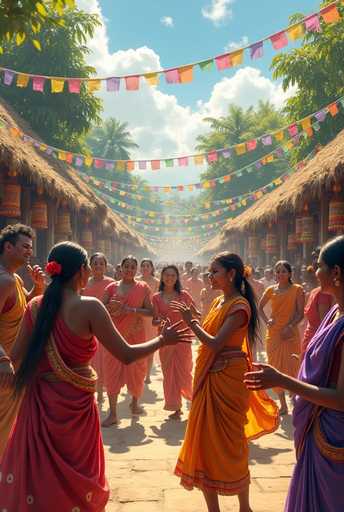 people celebrating the Bihu festival with traditional dance, music, and colorful decorations in an Assamese village