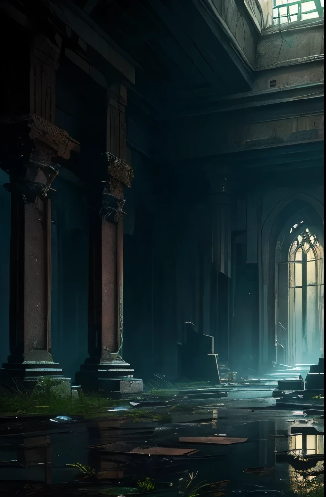 (best quality, masterpiece),( dark sky, heavy rain, inside abandoned temple, low water level stagnant water, ), realistic background, 2112, light*_black_particle,