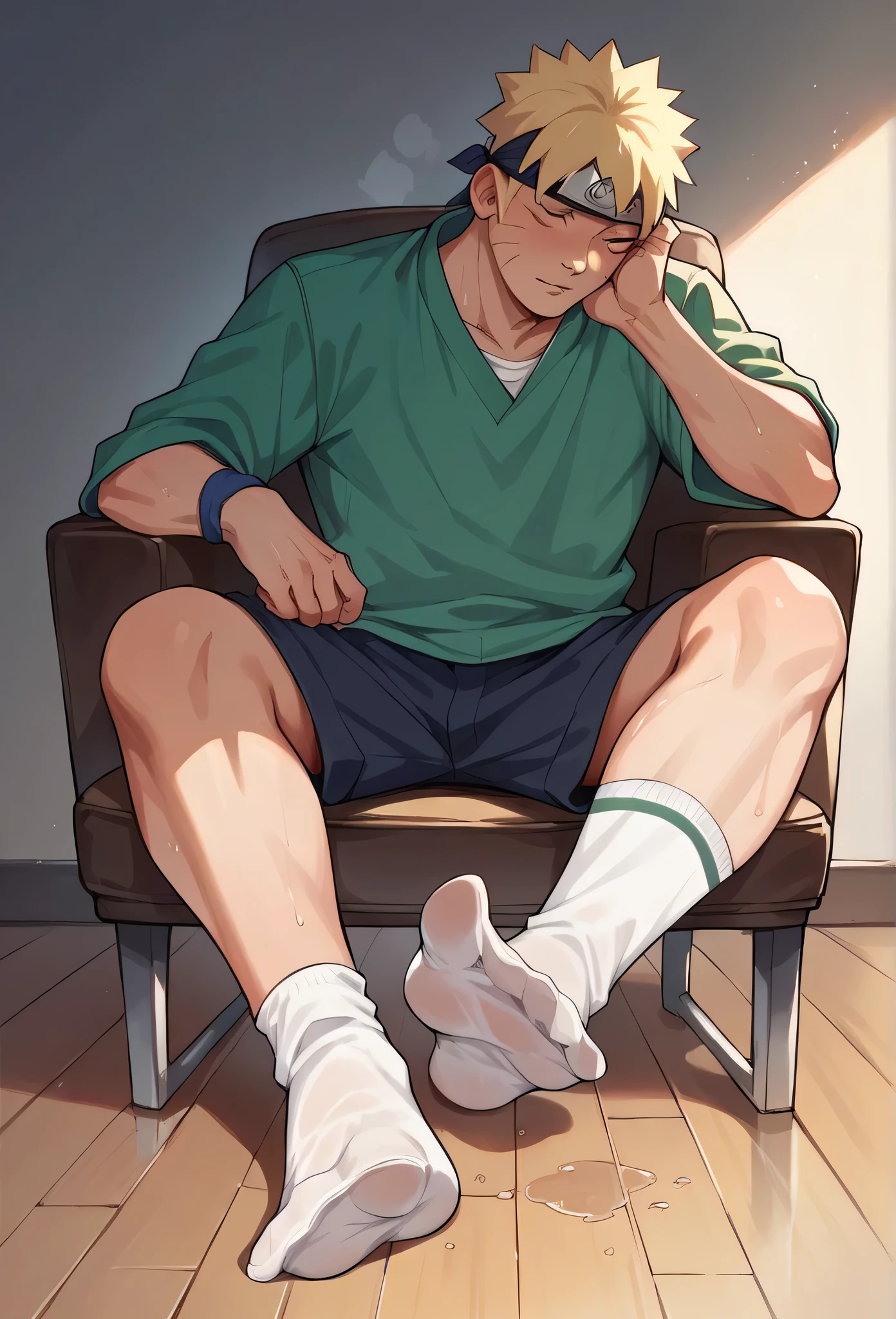 Anime boy Naruto very wet sweaty white socks scrunching his soles under chair showing his feet soles so very close to the camera