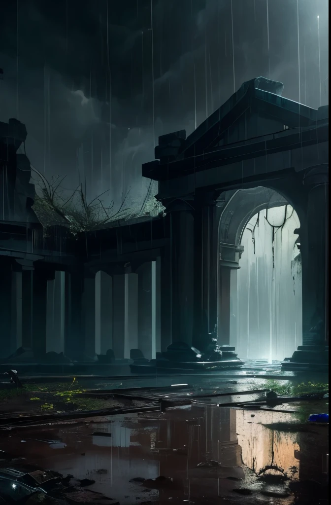 (best quality, masterpiece),( dark sky, heavy rain, inside abandoned temple, low water level stagnant water, ), realistic background, 2112, light*_black_particle,