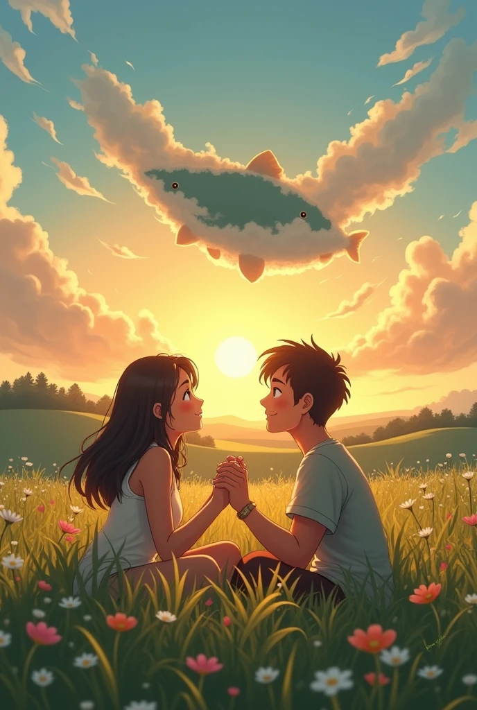 Create an image A couple is lying in a meadow, enjoying the sunset and the clouds that form a fish pattern in the sky, while holding hands