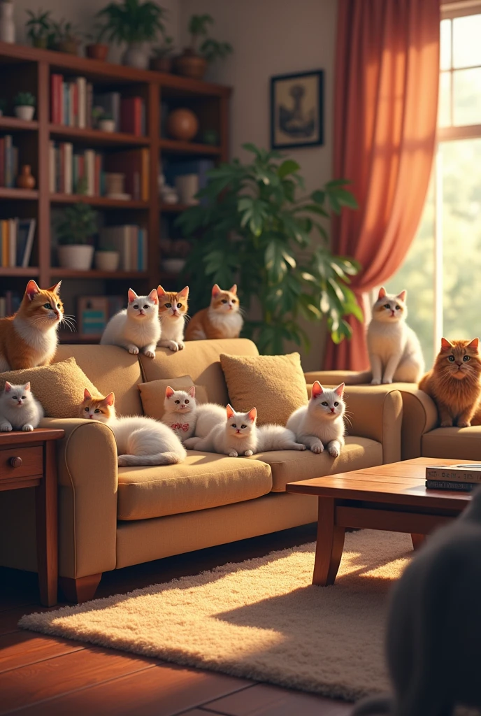 A cozy living room filled with numerous cats lounging on various pieces of furniture, like sofas and chairs. The room is warmly lit, with bookshelves, a coffee table, and a rug on the floor. The cats are of different breeds and sizes, scattered across the room. However, hidden among them is something that doesn’t belong—a small dog, subtly blending in with the cats, lying on one of the cushions. The room should look natural, with the dog not being immediately obvious, creating a slight visual anomaly that takes a moment to detect.