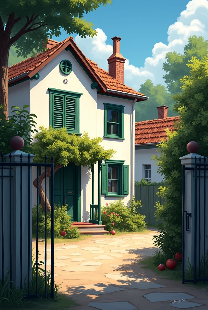 Create an image where, from the perspective of a street adjacent to the sidewalk, behind a metal fence you can see a house with narrow, Deeper, white facade with several green painted wooden windows. In front of it is a front garden with a fruit tree in the right corner. The road is not asphalted and there are only dried out plants, viewed from the fruit tree in the front yard
