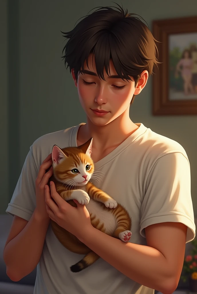 Tommy is gently picking up the kitten, holding it close to his chest. He has a determined and caring expression, ready to take responsibility. The kitten looks relaxed and starts to feel safe in Tommy's arms.