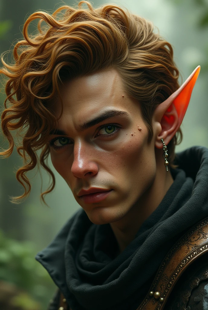Elf guy with curly caramel colored hair, laid on two sides. He has green eyes, dark skin and a nose with a distinct hump. there is a small mole under the eye, eyebrow piercing and earrings